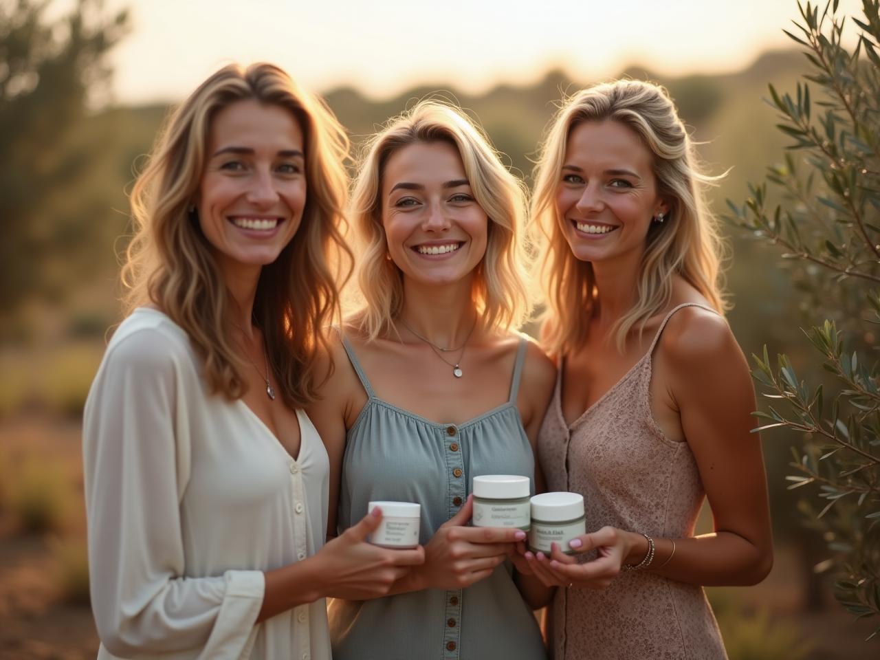 A group of women gathered in a field of olive trees, smiling and holding homemade natural skincare products.
