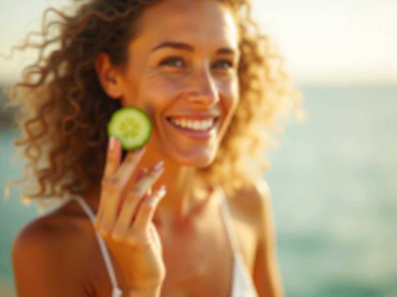 A close-up photo of a womans radiant face with the Mediterranean Sea in the background, holding a cucumber slice near her cheek, bathed in golden sunlight.