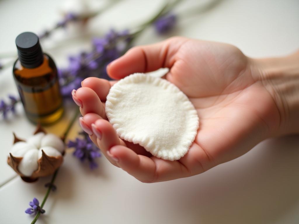 Close up of a womans hand holding a homemade facial cleansing pad, with olive oil, lavender flowers and cotton in the background. The image conveys natural beauty and a connection to the Israeli landscape.
