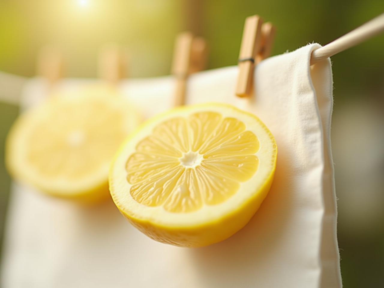 Close-up of a lemon cut in half, with sunlight shining on it, next to a white cotton shirt drying on a clothesline.