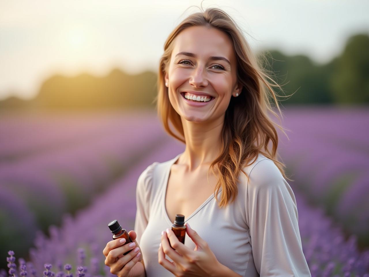 A woman in a field of lavender, smiling, with a bottle of essential oils in her hand.