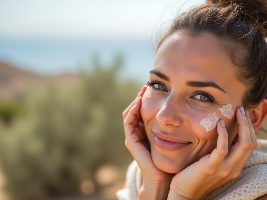 A close-up shot of a woman applying a homemade Dead Sea serum to her face, with a backdrop of the Dead Sea and olive trees.