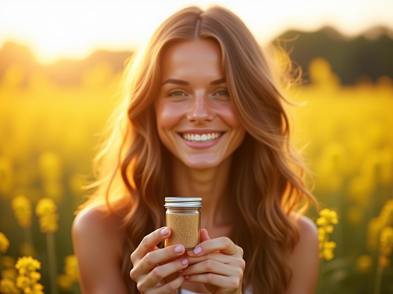 A woman with long, wavy hair smiling and holding a jar of homemade flaxseed hair gel, with a background of a sunny field of flax flowers.