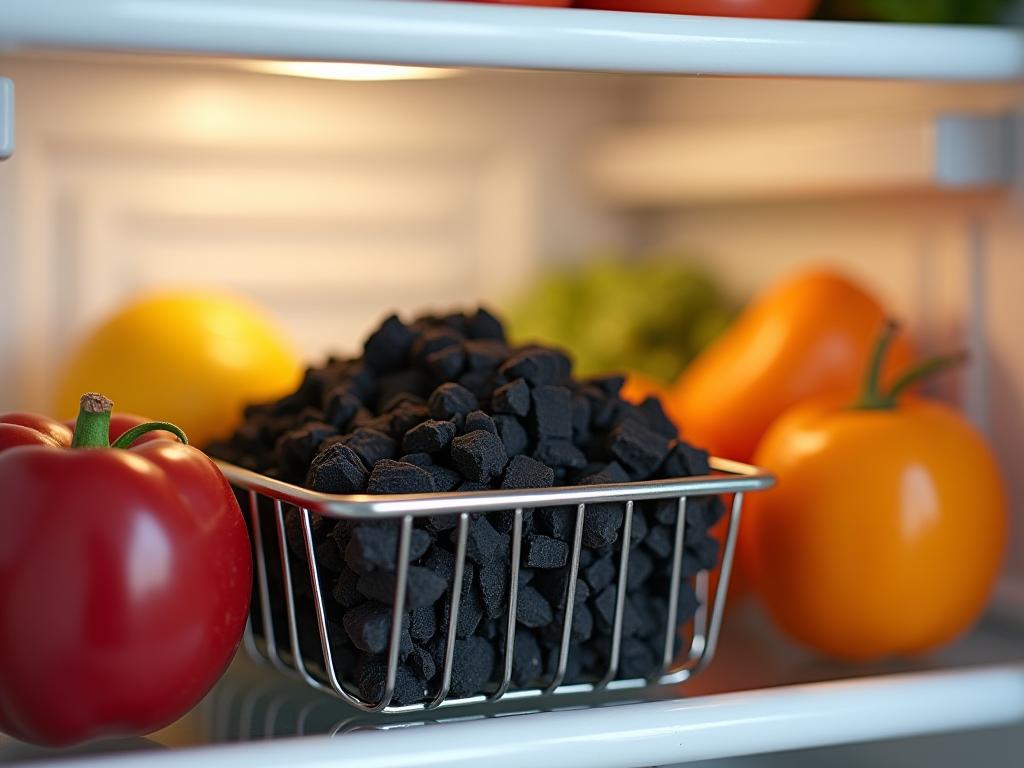 A small wire basket filled with activated charcoal, sitting inside a clean refrigerator among fresh fruits and vegetables. The scene evokes a sense of natural freshness and cleanliness.
