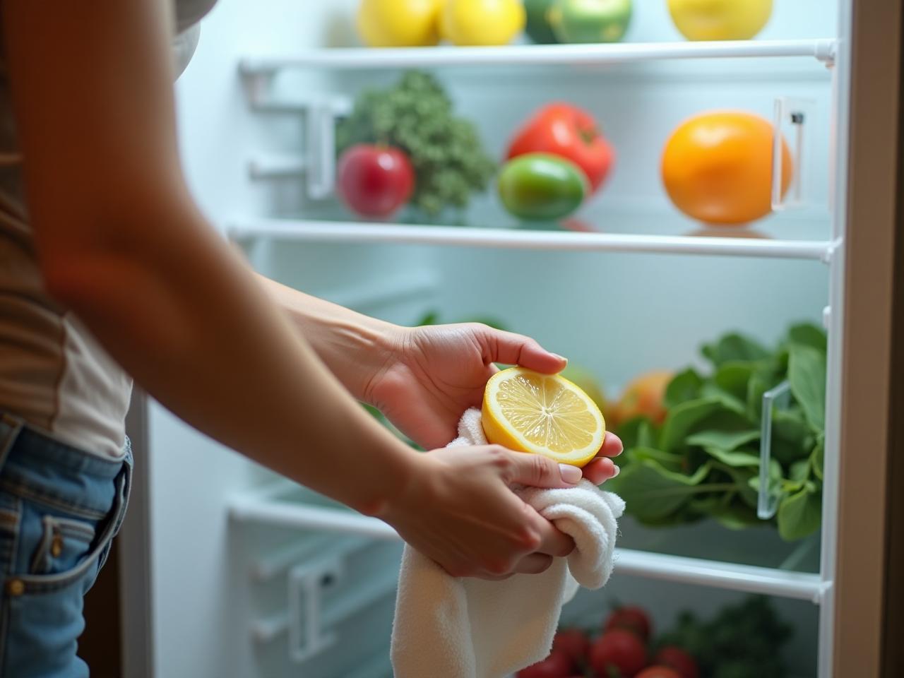 Close-up of a woman cleaning a refrigerator with a lemon half and a cloth. Fresh vegetables and fruits are visible inside the refrigerator.