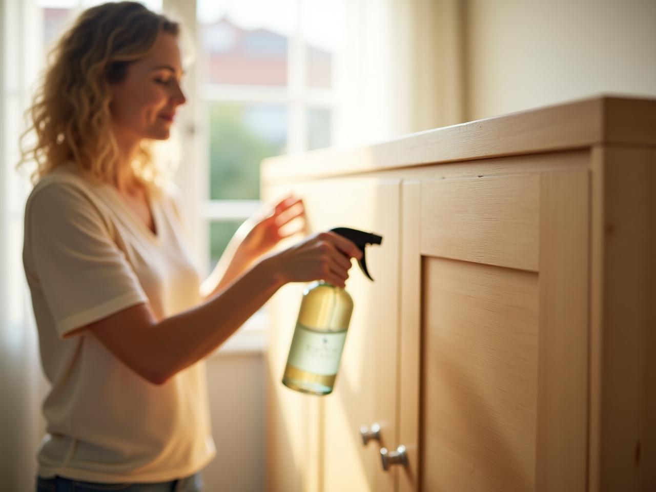 A woman spraying a natural cleaning solution on wooden furniture in a sunlit room. The scene emphasizes natural light, clean lines, and the use of a glass spray bottle.