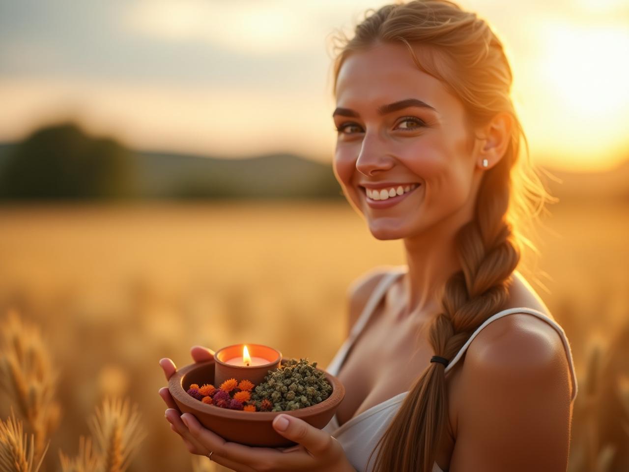 A woman smiling, holding a small clay bowl with dried herbs and flowers, with a small candle lit inside. The background is a blurred image of a field of wheat under a sunny sky.