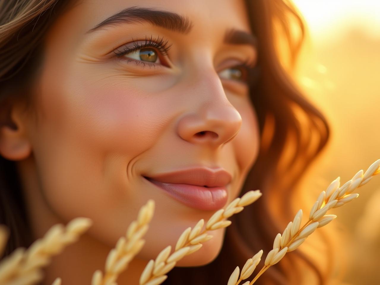 Close-up of a womans face with a radiant, natural complexion, surrounded by rice grains, olive branches, and the soft glow of sunlight.