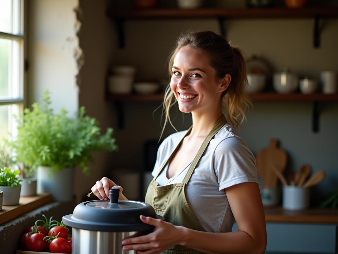 A woman smiles while holding a pressure cooker in a rustic kitchen filled with natural light and fresh herbs.