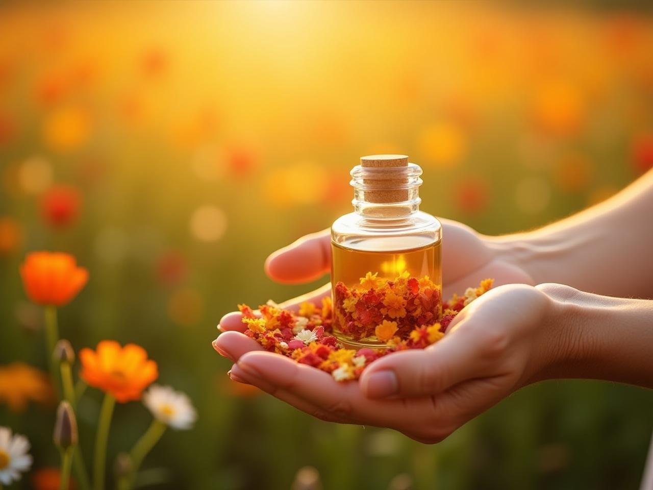 Close-up of hands holding a glass jar filled with golden oil and dried flower petals. A field of colorful flowers in the background, bathed in warm sunlight. The image evokes a sense of natural beauty and tranquility.