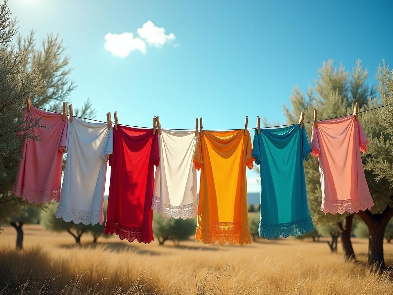 A clothesline with colorful clothes drying in the bright Israeli sun, with a view of olive trees in the background.
