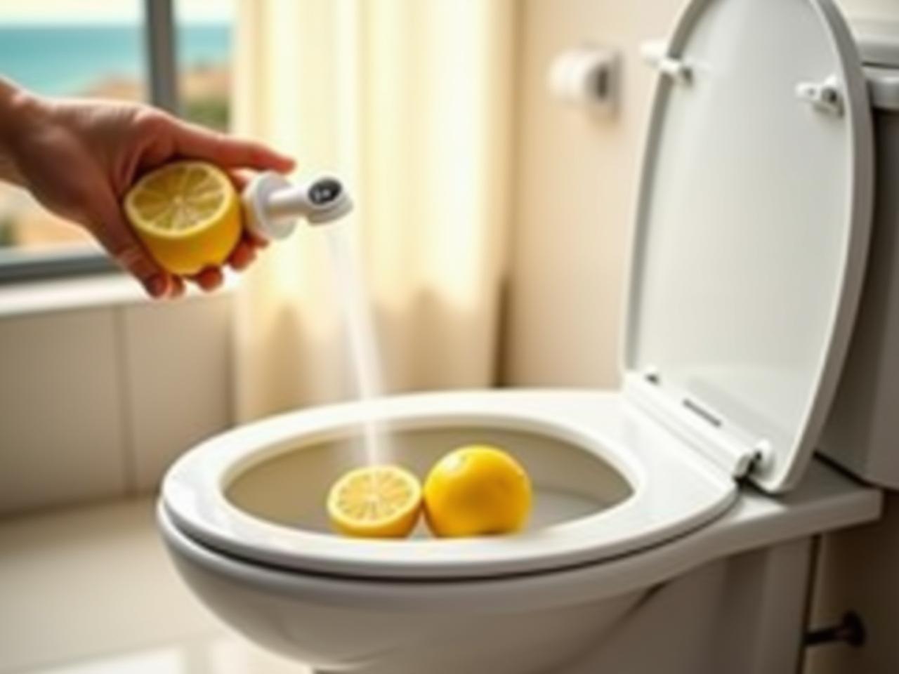 A picture of a toilet bowl being cleaned with lemon halves and baking soda, with a background showing a bright, sunny Israeli landscape.
