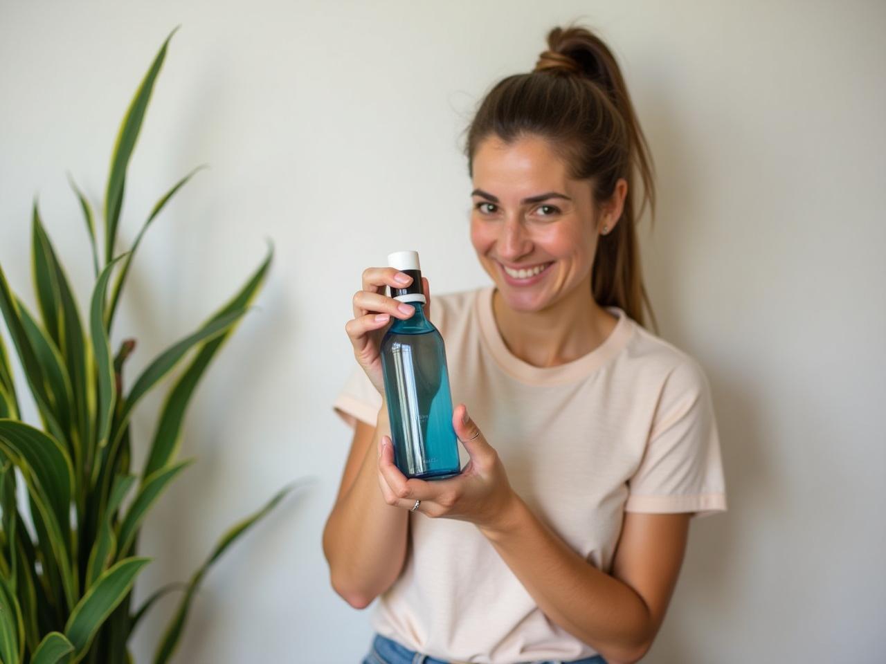 A photo of Noa Lavi holding a reusable water bottle with essential oils next to a green plant, symbolizing natural cleansing.