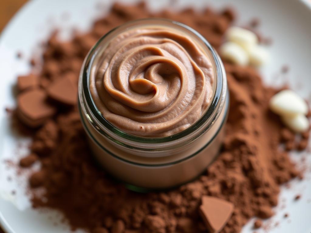 Homemade cocoa and beeswax nipple butter in a glass jar, surrounded by shea butter, olive oil, coconut oil, beeswax, and cocoa powder ingredients.