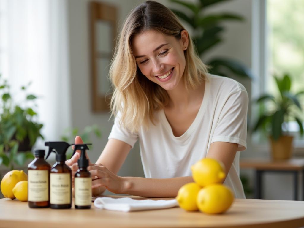 A woman smiling while cleaning a wooden surface with a natural cleaning spray and a cloth, surrounded by essential oil bottles and fresh lemons. The background shows a bright, cozy home with plants.