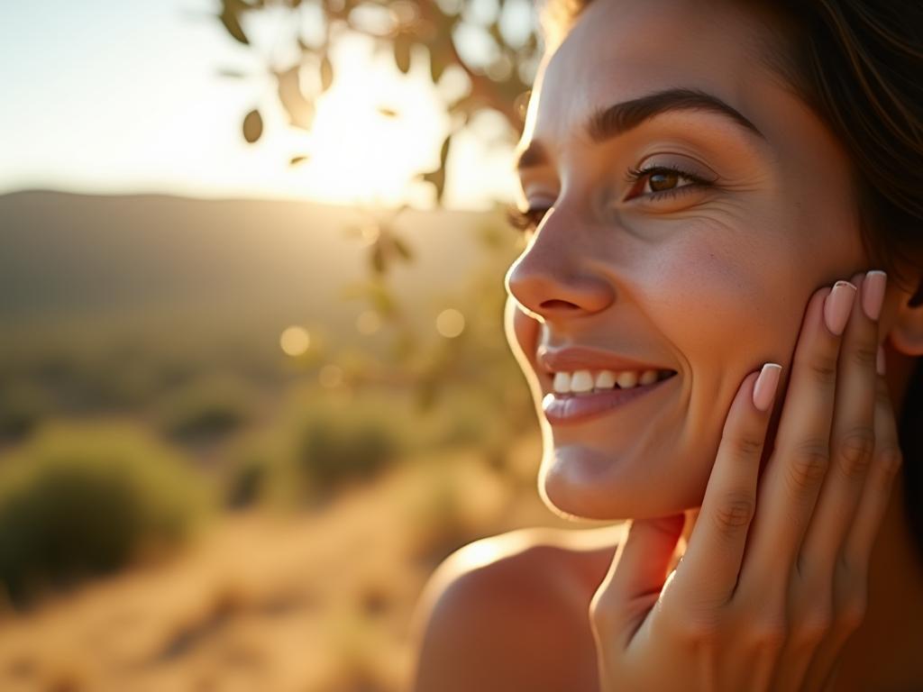 A close-up shot of a woman applying olive oil to her face, with olive trees and a sunny Israeli landscape in the background. The image evokes a sense of natural beauty and connection to the land.