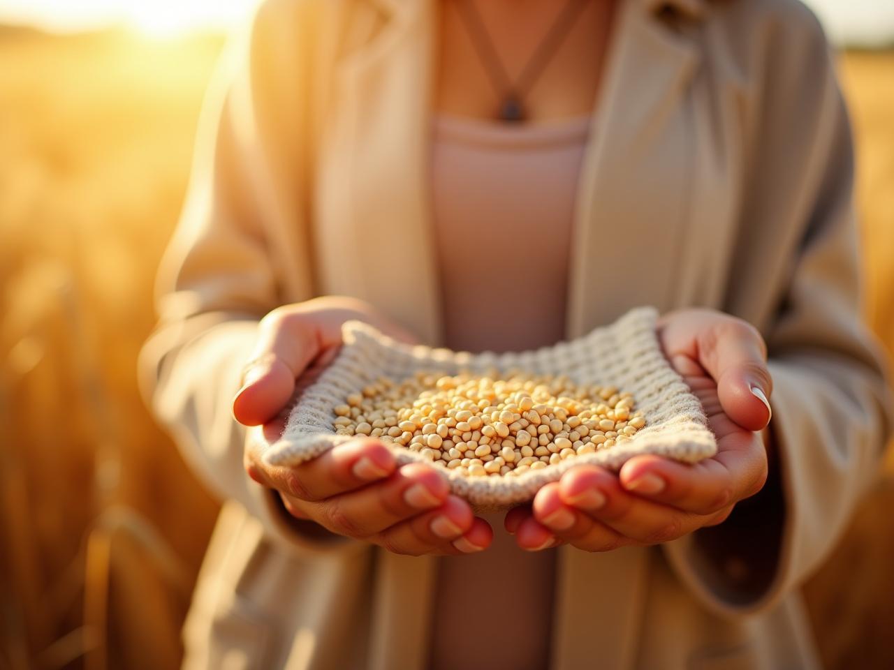 Close-up of a woman holding a handmade heating pad filled with grains, with a background of a sunny wheat field in Israel.