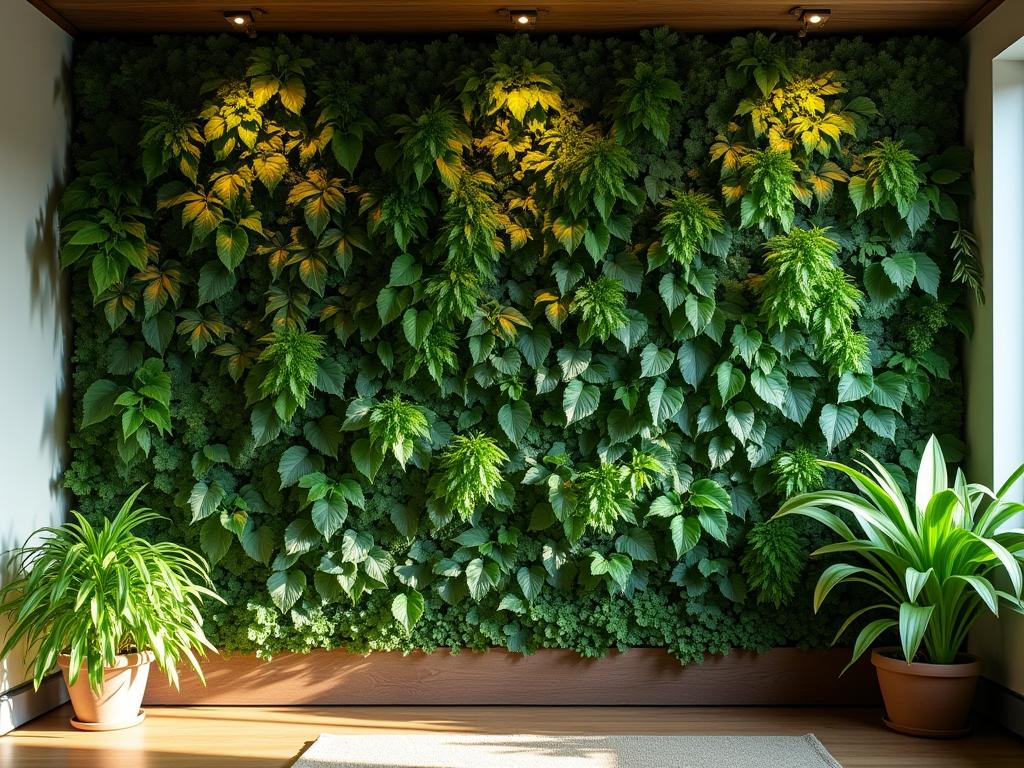 A lush green living wall filled with various plants, bathed in soft sunlight, creating a natural and serene atmosphere in a home setting.