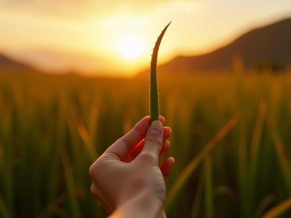Close-up of Noa Lavi holding an aloe vera leaf in a field, with the sun setting over the hills of the Emek.