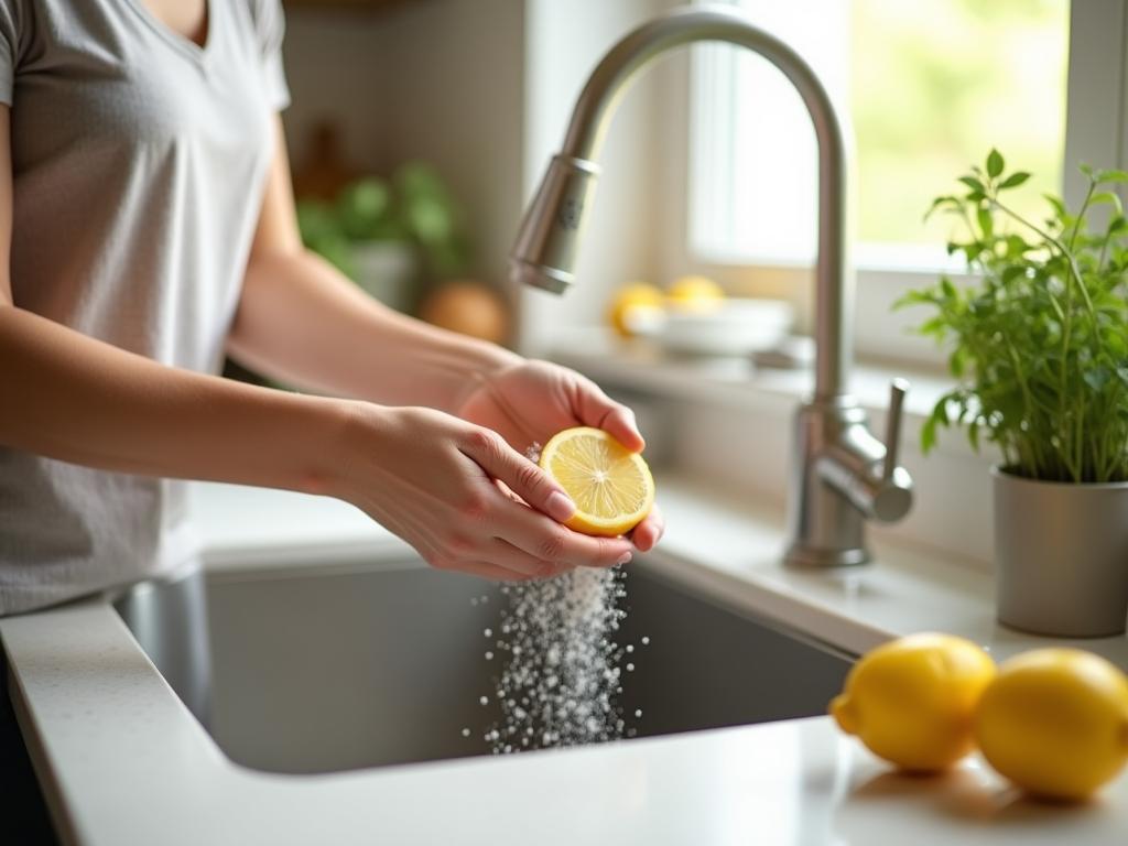 A woman is cleaning a kitchen sink with half a lemon and coarse salt. The background shows a bright, natural kitchen with fresh herbs and lemons.