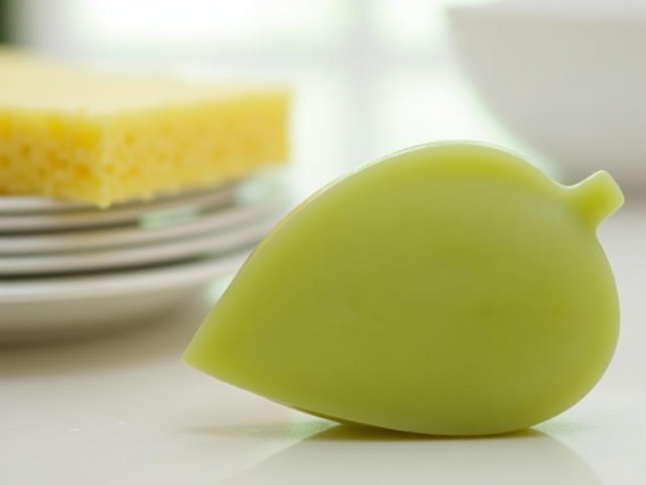 Close-up of solid leaf-shaped dish soap with green and olive tones, next to a sponge and some dishes. Background showing a bright kitchen with natural light.