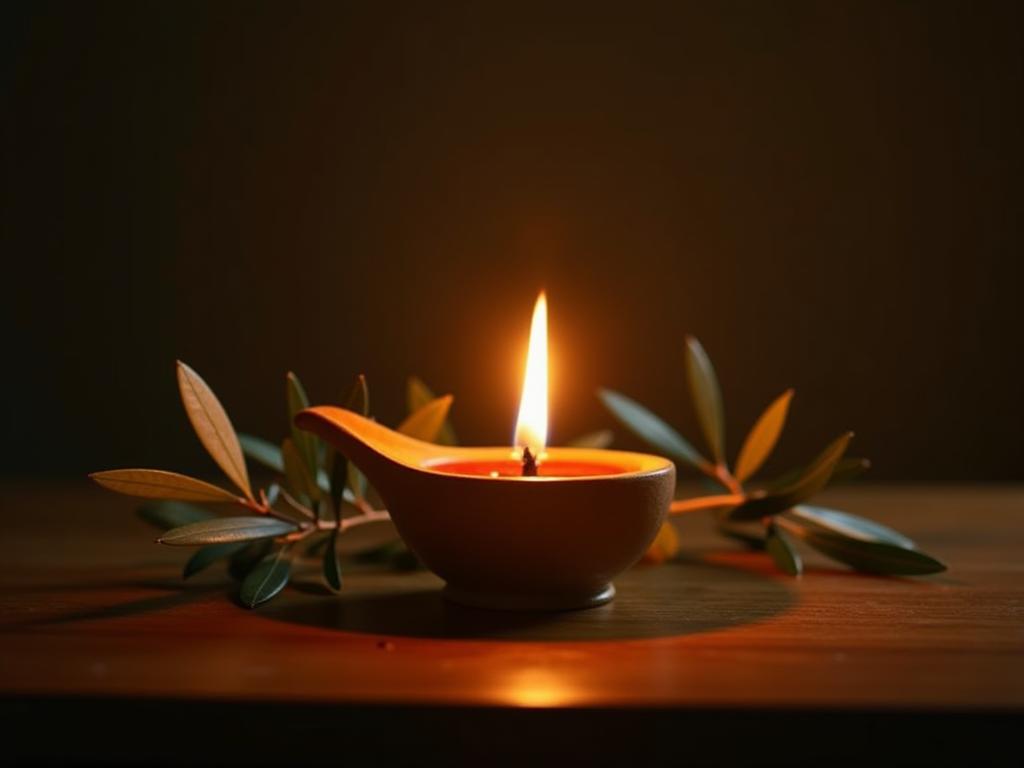 A homemade olive oil lamp on a wooden table, surrounded by olive branches, casting a warm, inviting light.