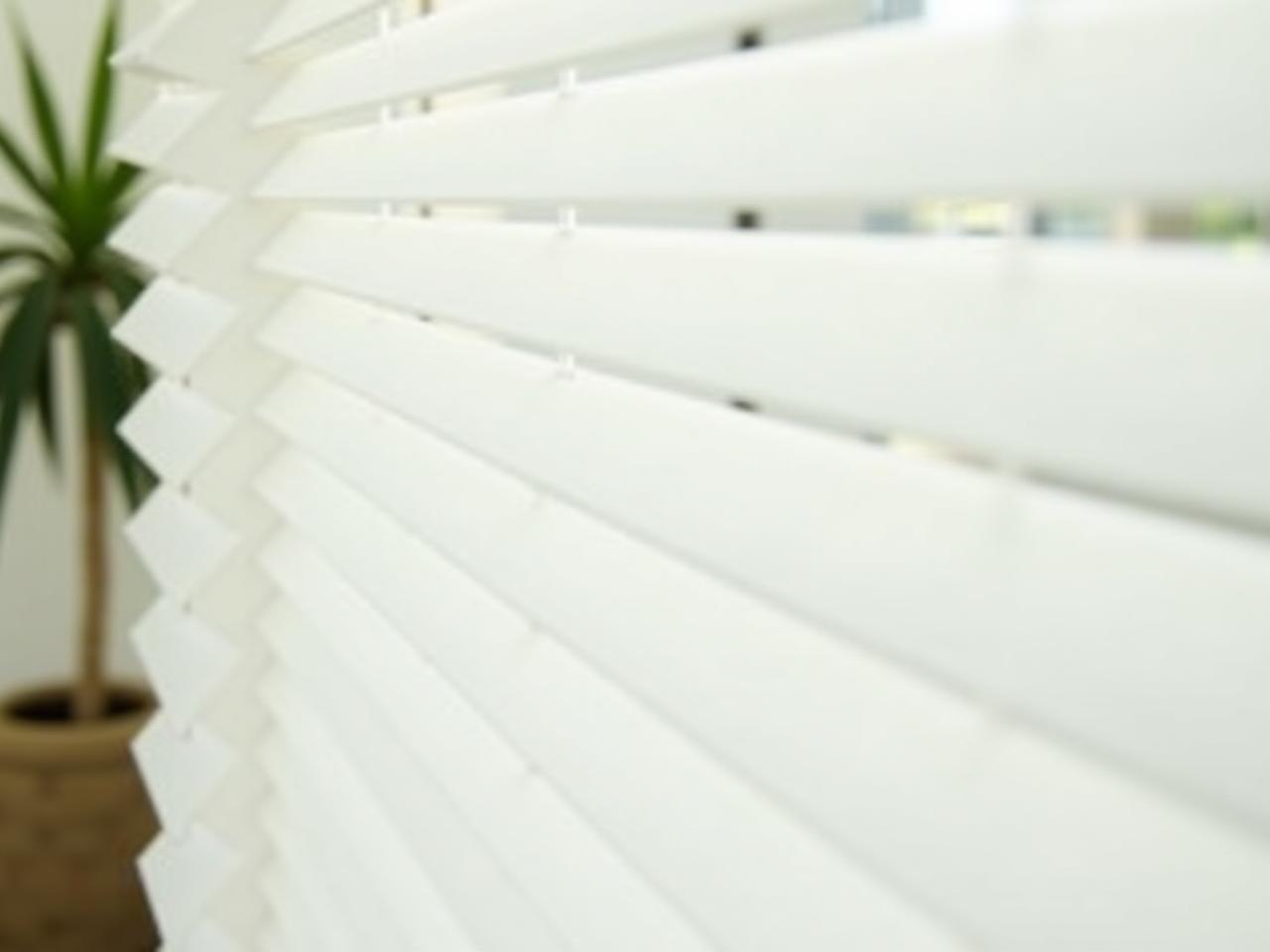 Close up of clean white blinds after cleaning with baking soda, with a plant and sunlight in the background