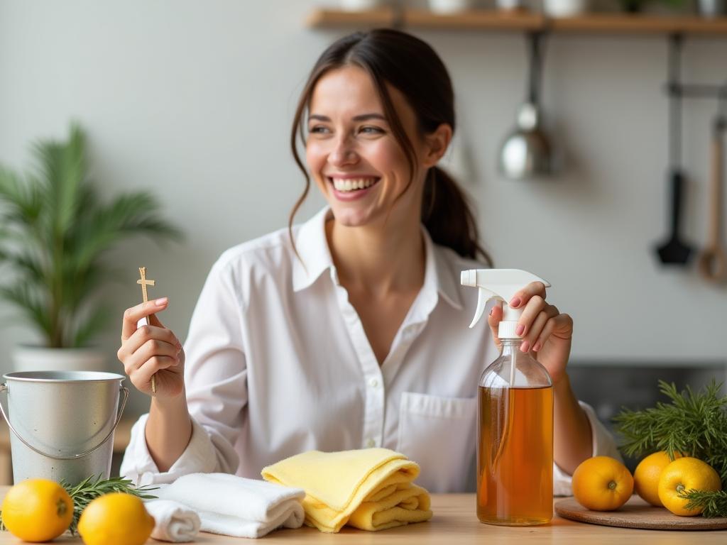 A woman smiling while holding a spray bottle with apple cider vinegar next to cleaning supplies and a bucket. In the background, there are lemons, rosemary, and other natural elements.