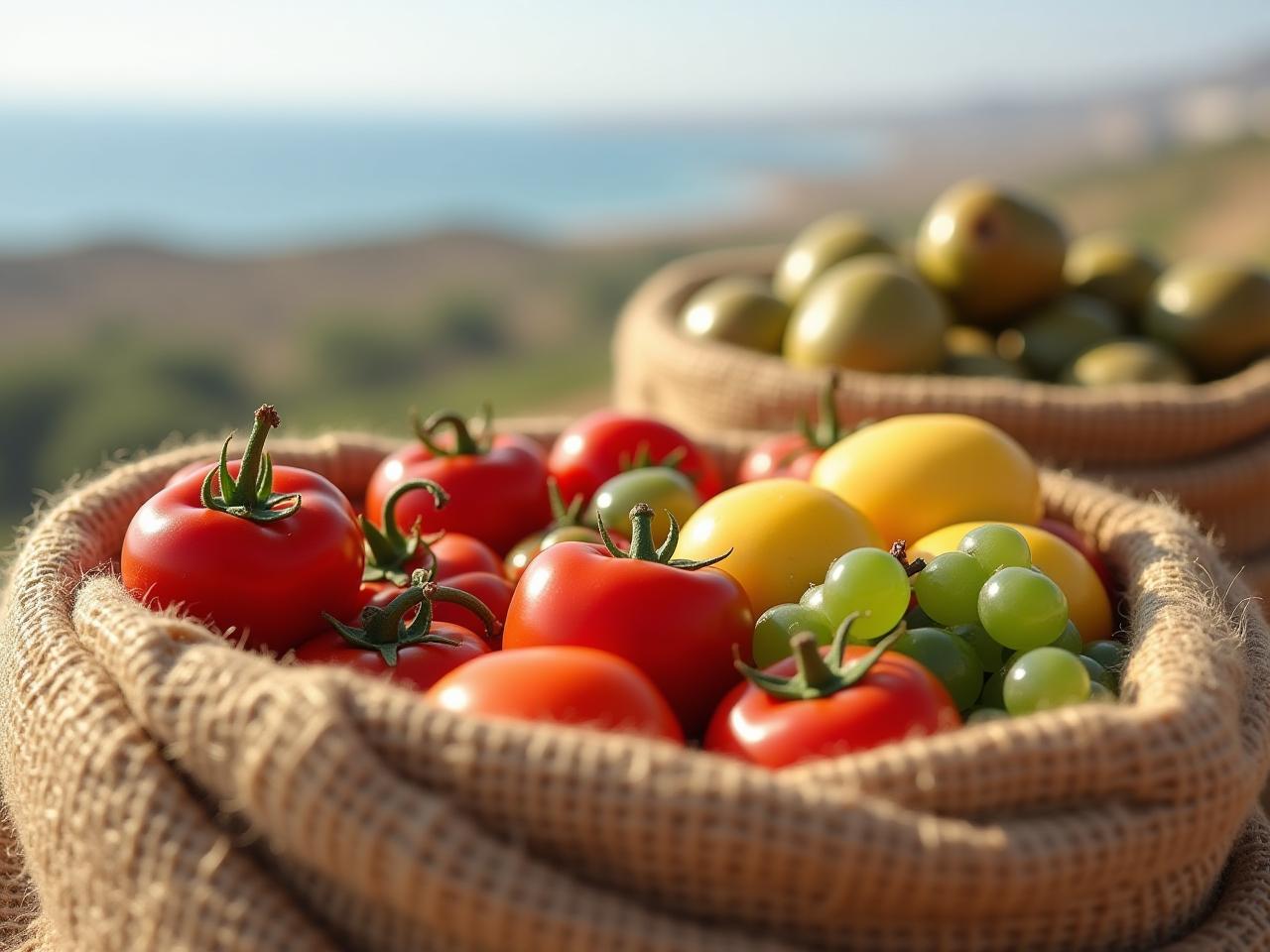 A close-up of food wrapped in jute fabric, with Israeli landscapes like the sea and fields in the background.
