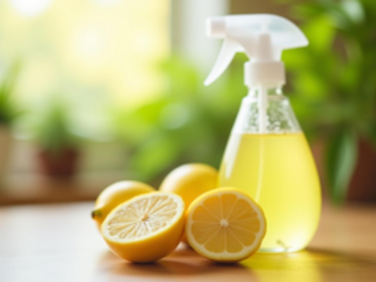 Close-up of a lemon cut in half on a wooden surface, with a spray bottle filled with a natural cleaning solution in the background. Green plants and a sunlit window add to the natural ambiance.