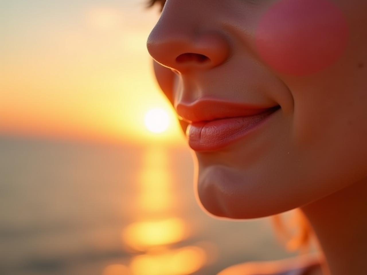 Close-up of a womans cheek with a natural blush made from strawberry and silk powder. The background shows a sunset over the Mediterranean Sea.