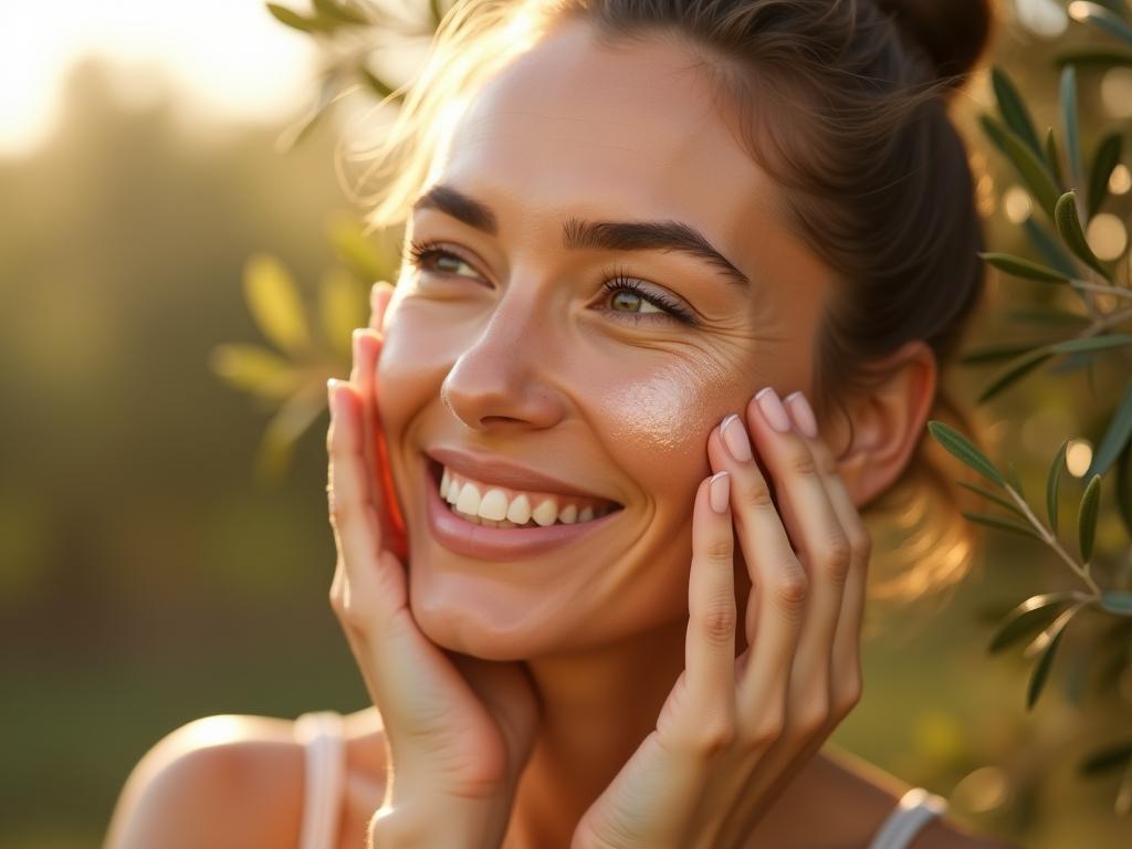 A woman with glowing skin applying olive oil to her face, with olive trees in the background.