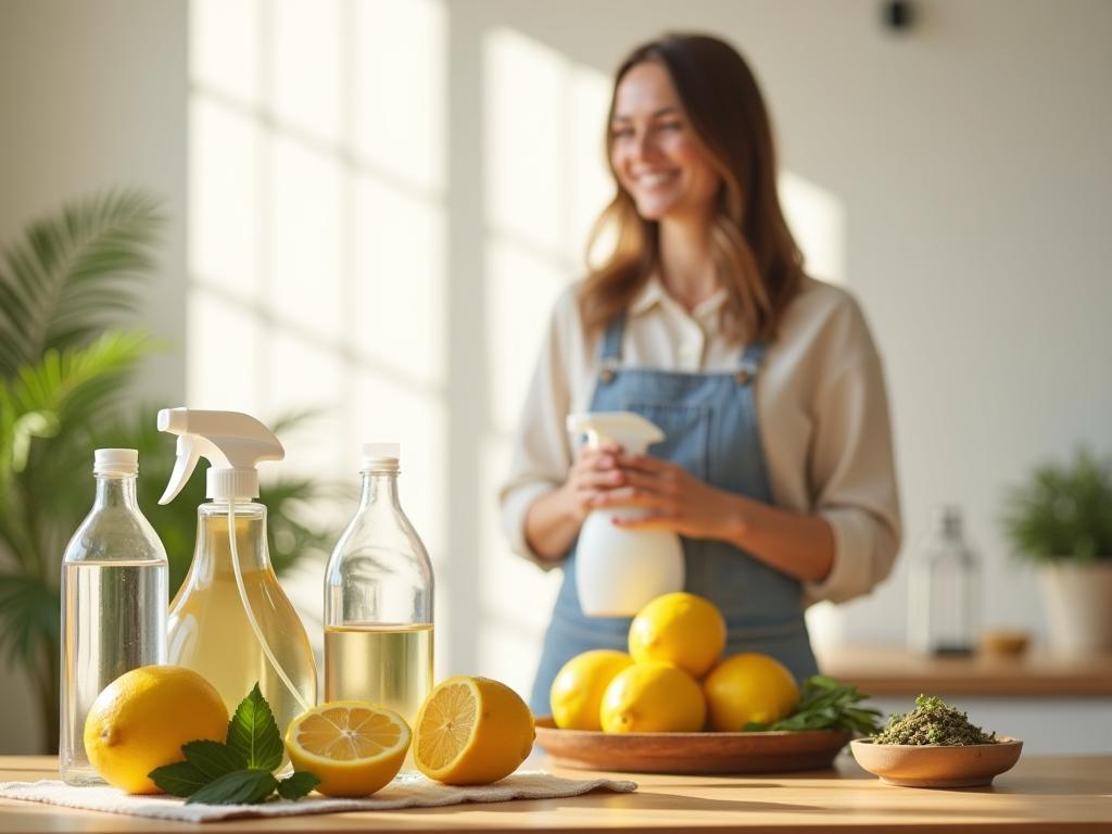 A bright and airy home interior with sunlight streaming in, showcasing natural cleaning ingredients like lemons, vinegar, and herbs on a wooden table. A smiling woman (Noa) is in the background, holding a spray bottle.