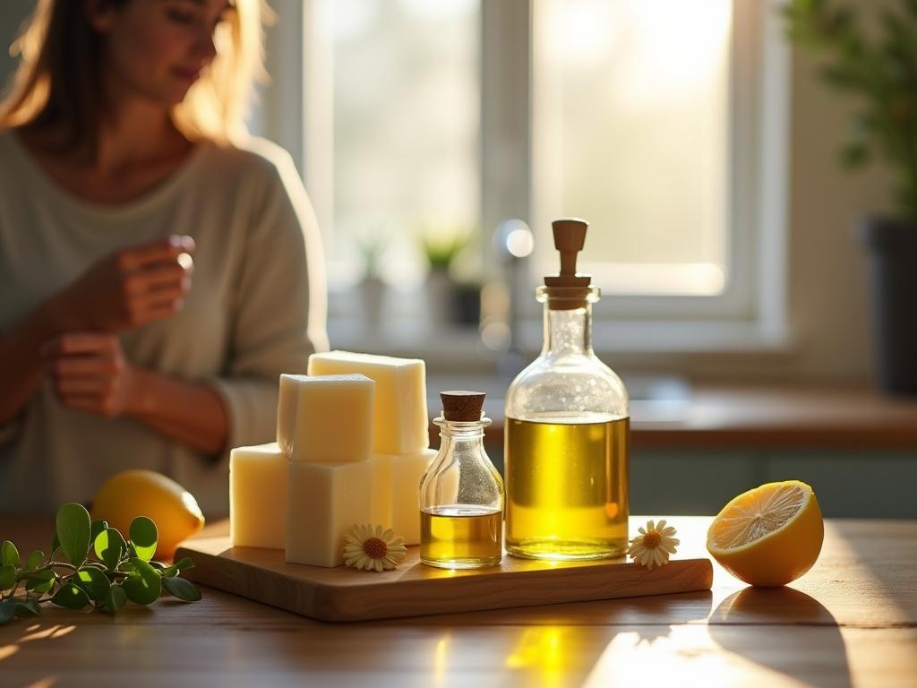 A woman making natural dish soap at home with olive oil, lemon and essential oils. The ingredients are displayed on a wooden table with a sunlit window in the background.