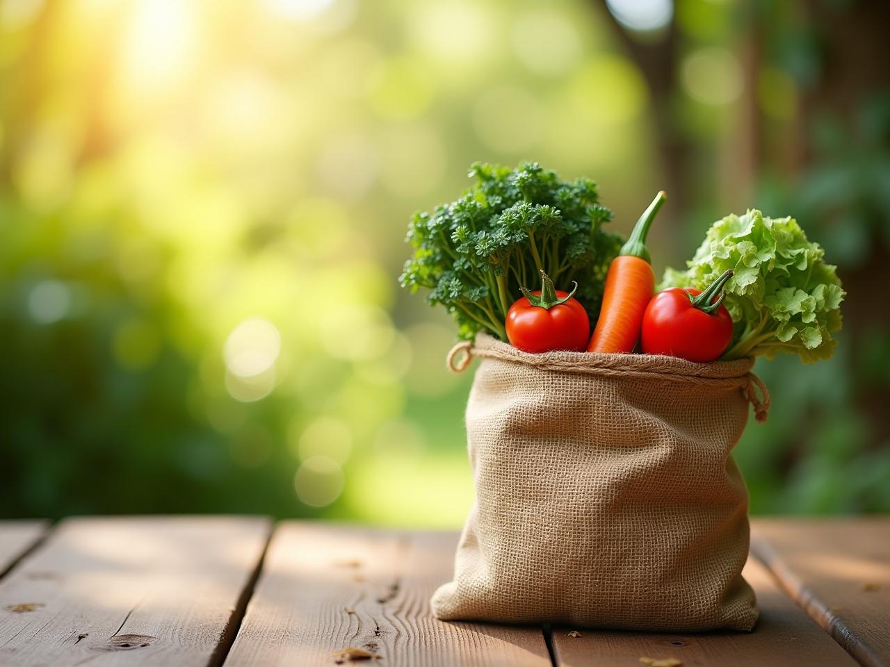 A jute bag filled with fresh vegetables on a wooden table with a blurred background of a sunny Israeli landscape.