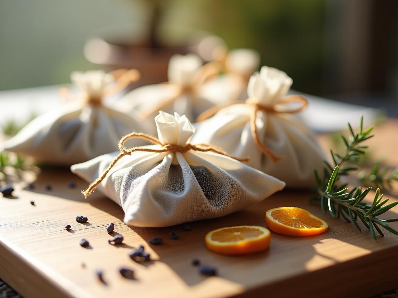 Close-up of handmade sachets filled with dried lavender and citrus peels, arranged on a wooden table with a sprig of rosemary and cotton fabric scraps. Soft sunlight creates a warm, inviting atmosphere.