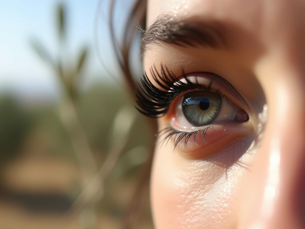 A close-up of a womans eye with naturally enhanced lashes using homemade charcoal and aloe vera mascara, set against a backdrop of olive trees and the Israeli landscape.