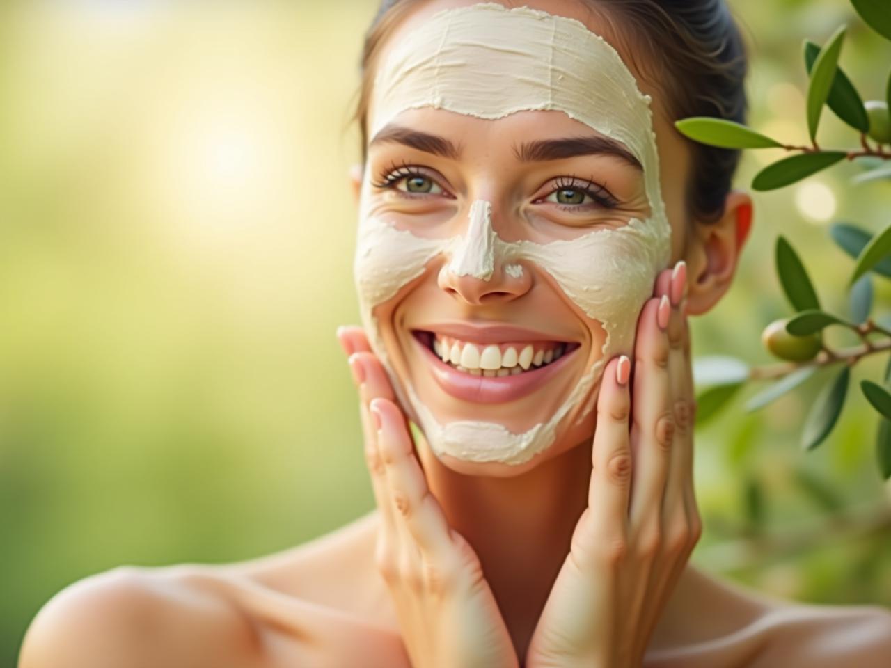 A woman applying a oatmeal mask on her face with a natural and healthy look. The background is a soft green with olive branches and sun light.