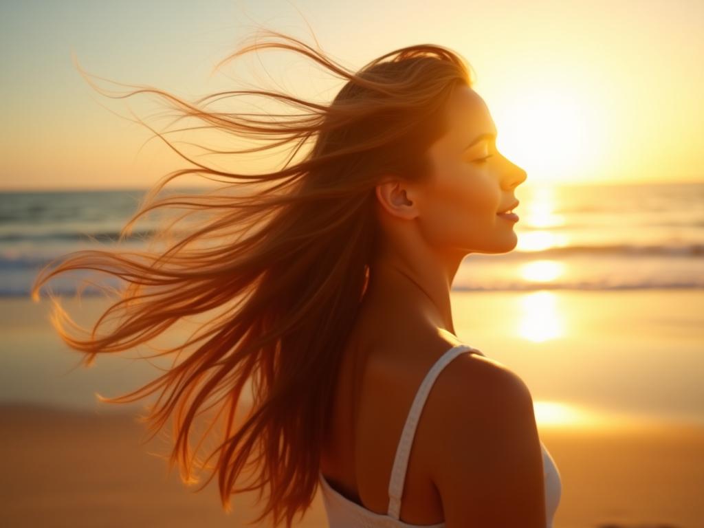 A close-up shot of healthy, shiny hair blowing in the wind on an Israeli beach at sunset.