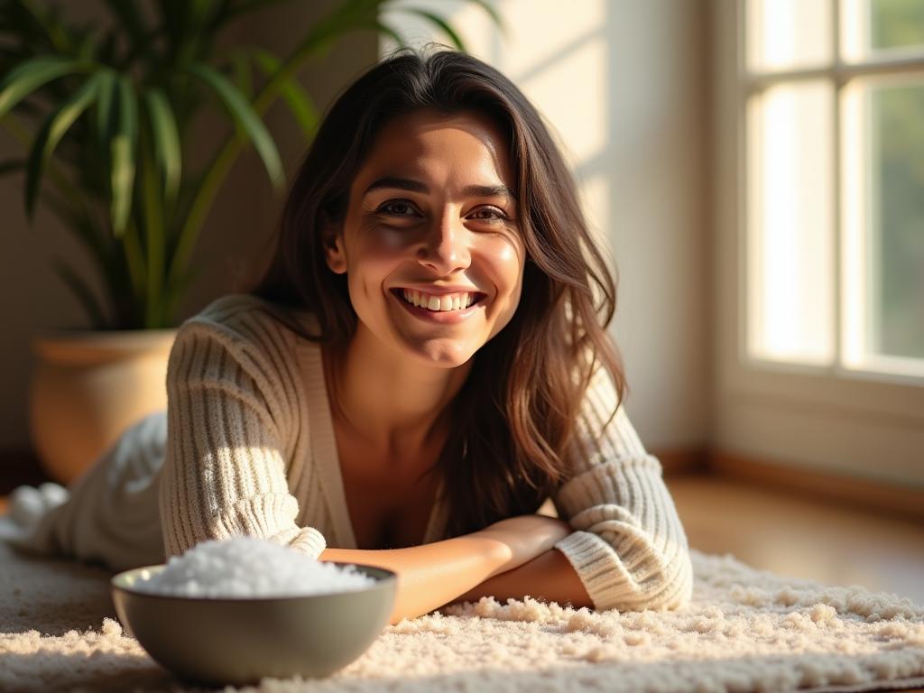 Close-up of Noa Lavi smiling next to a clean rug, with a bowl of sea salt and a plant in the background. Sunlight streams through the window.