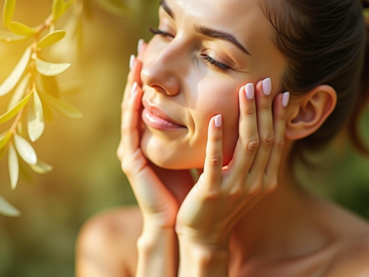 A close-up of a woman gently massaging her face with olive oil, surrounded by olive branches and a warm, natural light.
