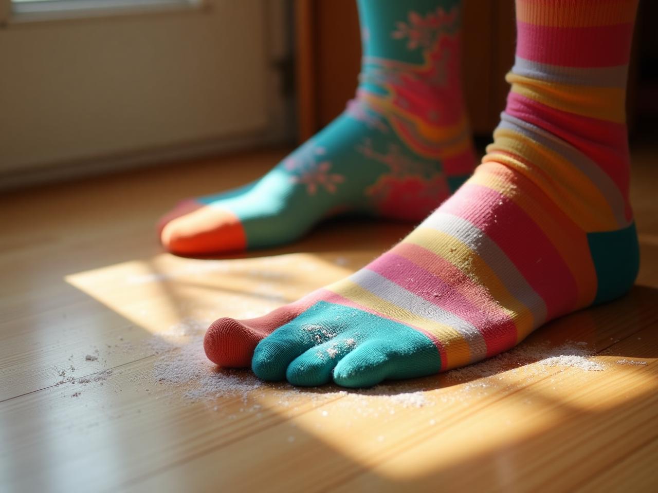 A close-up shot of colorful mismatched socks being used to dust a wooden surface, with sunlight streaming in.