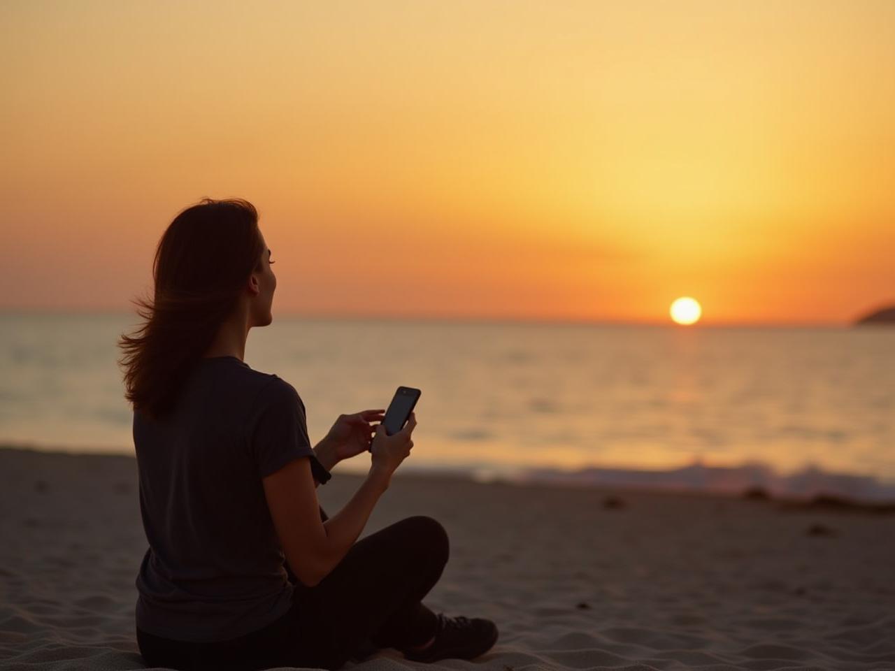 A woman sitting on a beach in Tel Aviv, watching the sunset, with her phone turned off, and a peaceful expression on her face.