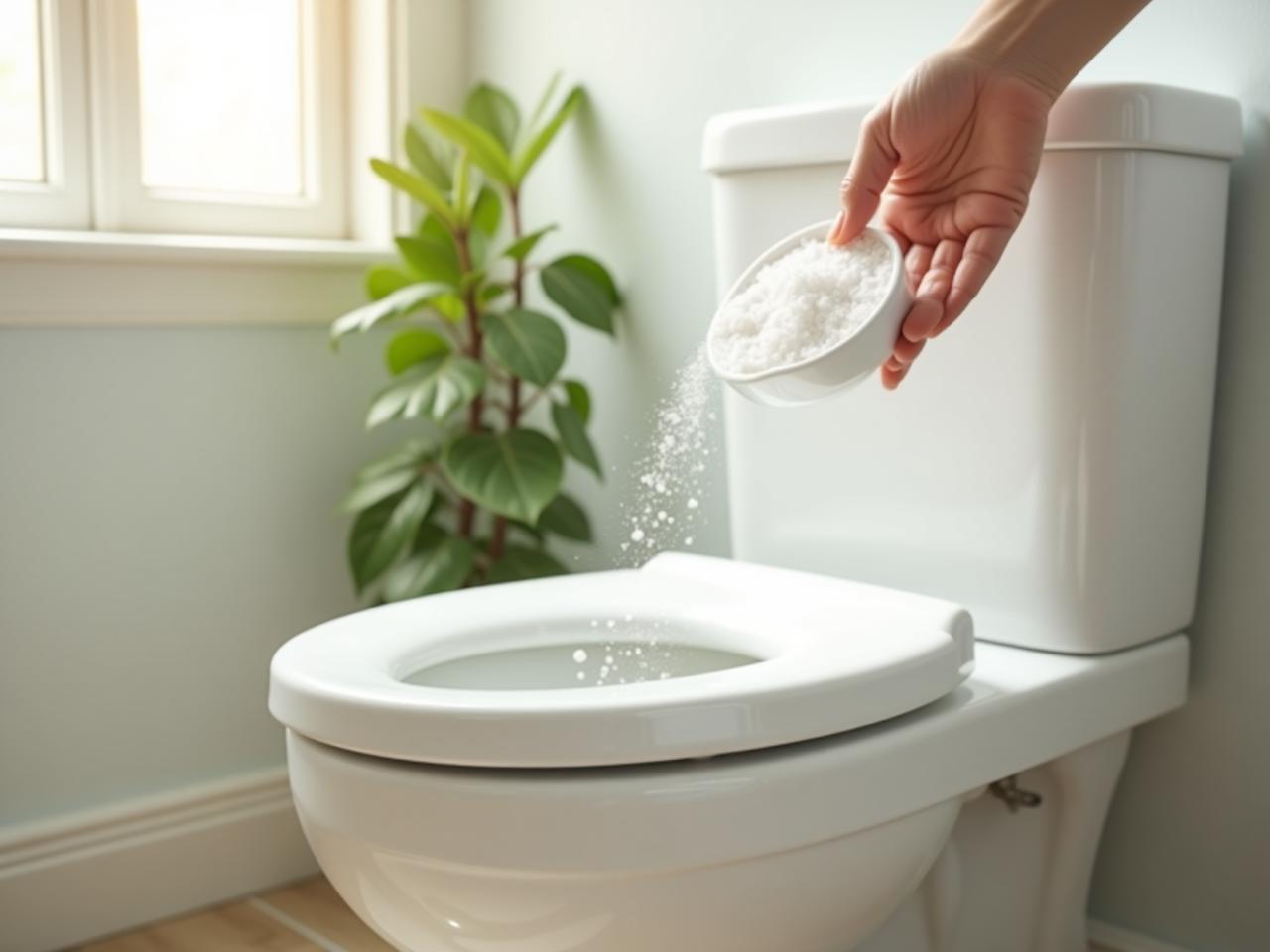 A bright and clean bathroom with natural light. A hand sprinkling magnesium sulfate into the toilet bowl. Green plants are visible in the background.