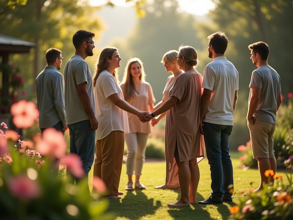 A group of people holding hands in a circle in a garden, surrounded by flowers and plants.