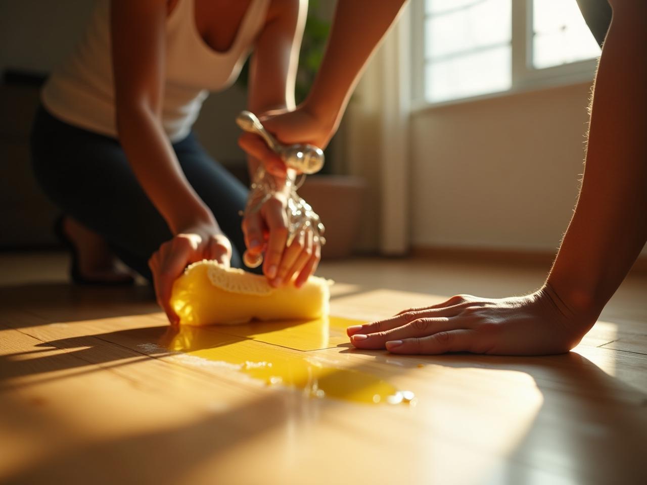 A woman polishing a wooden floor with a natural wax and olive oil mixture in a sunlit room. The scene evokes a sense of warmth, natural beauty, and connection to the Israeli landscape.