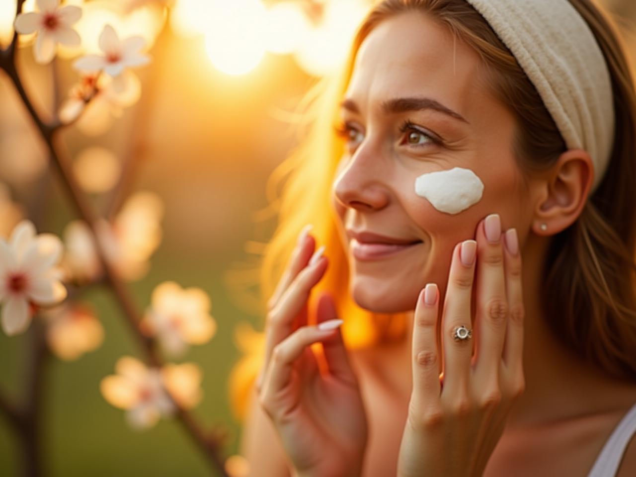 Close-up of a woman applying homemade almond blossom face cream, with blooming almond trees in the background, bathed in golden sunlight.