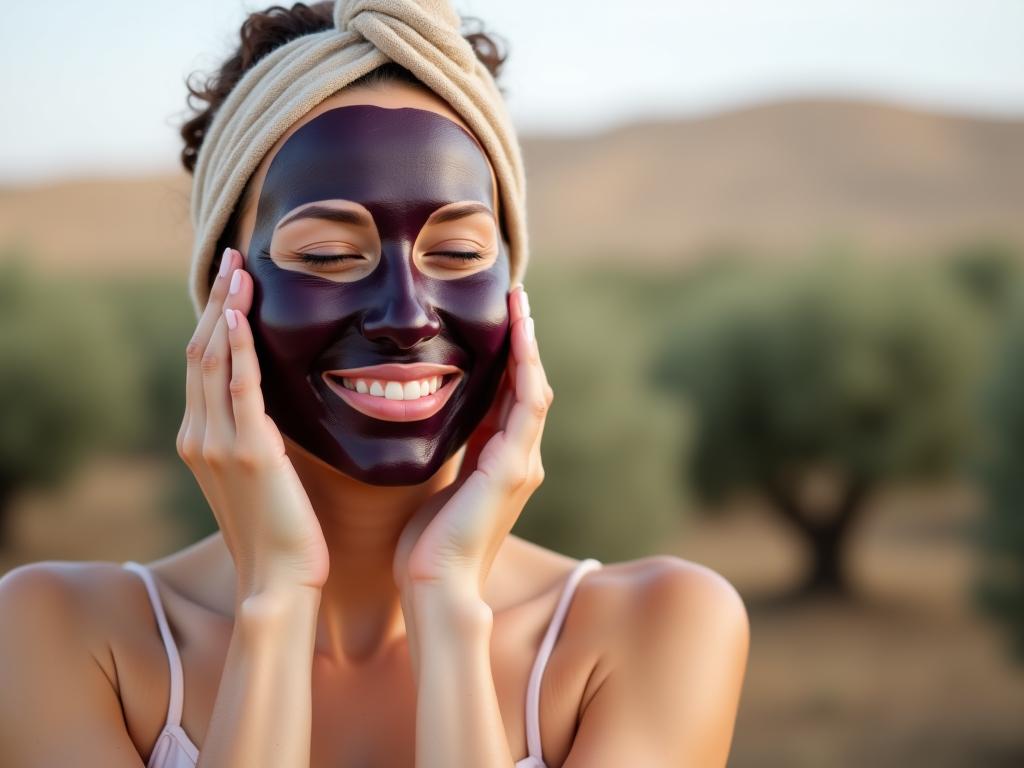 A woman applying a homemade eggplant face mask, smiling gently with a backdrop of a field of olive trees in Israel.