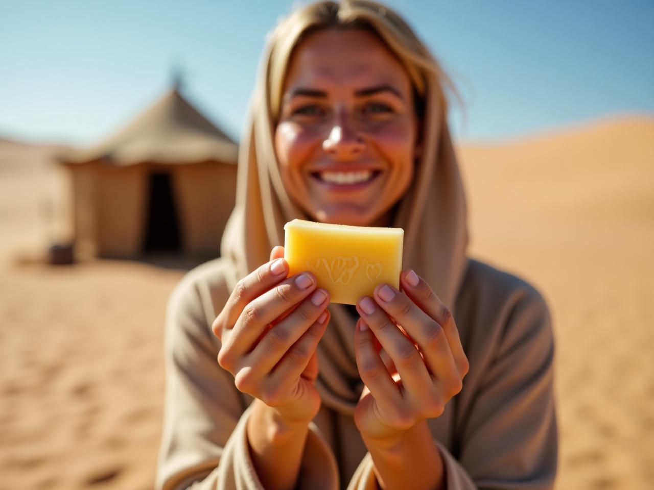 Close-up shot of a woman with glowing skin, holding a bar of homemade olive oil soap in a desert setting. The background shows a traditional Bedouin tent and a clear blue sky.