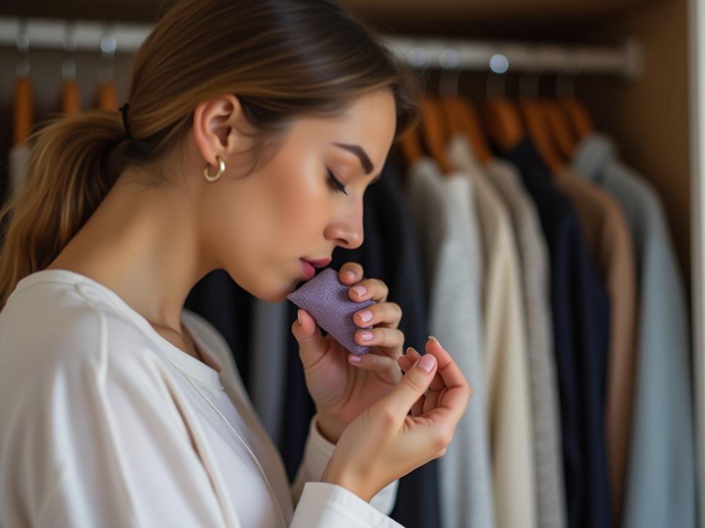 A woman smelling a lavender sachet in a closet full of natural fiber clothes.